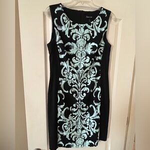 Connected Elegant Black and Pale Light Blue Patterned Dress Women’s Size 8